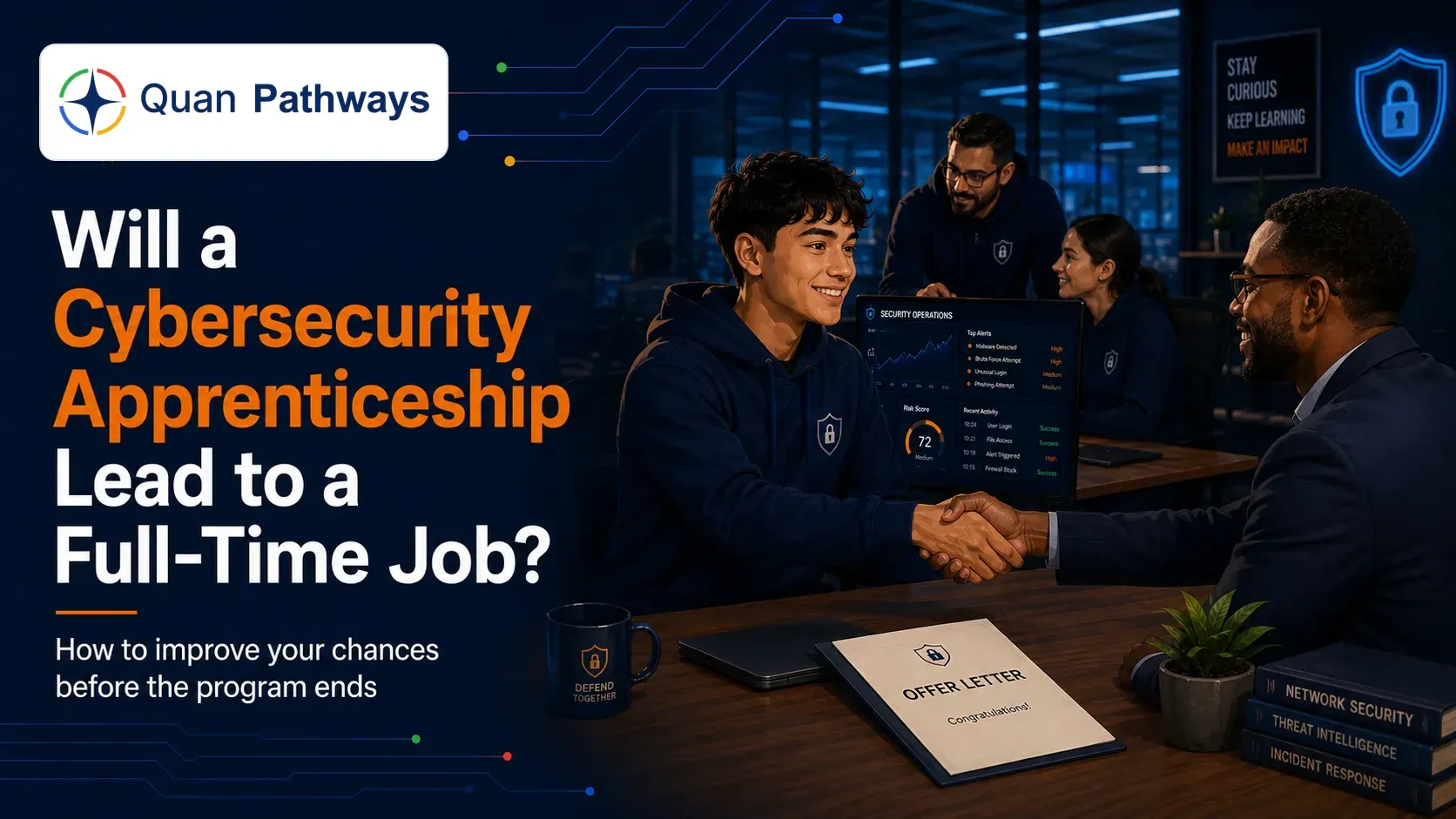 A cybersecurity apprentice shaking hands with an employer beside an offer letter