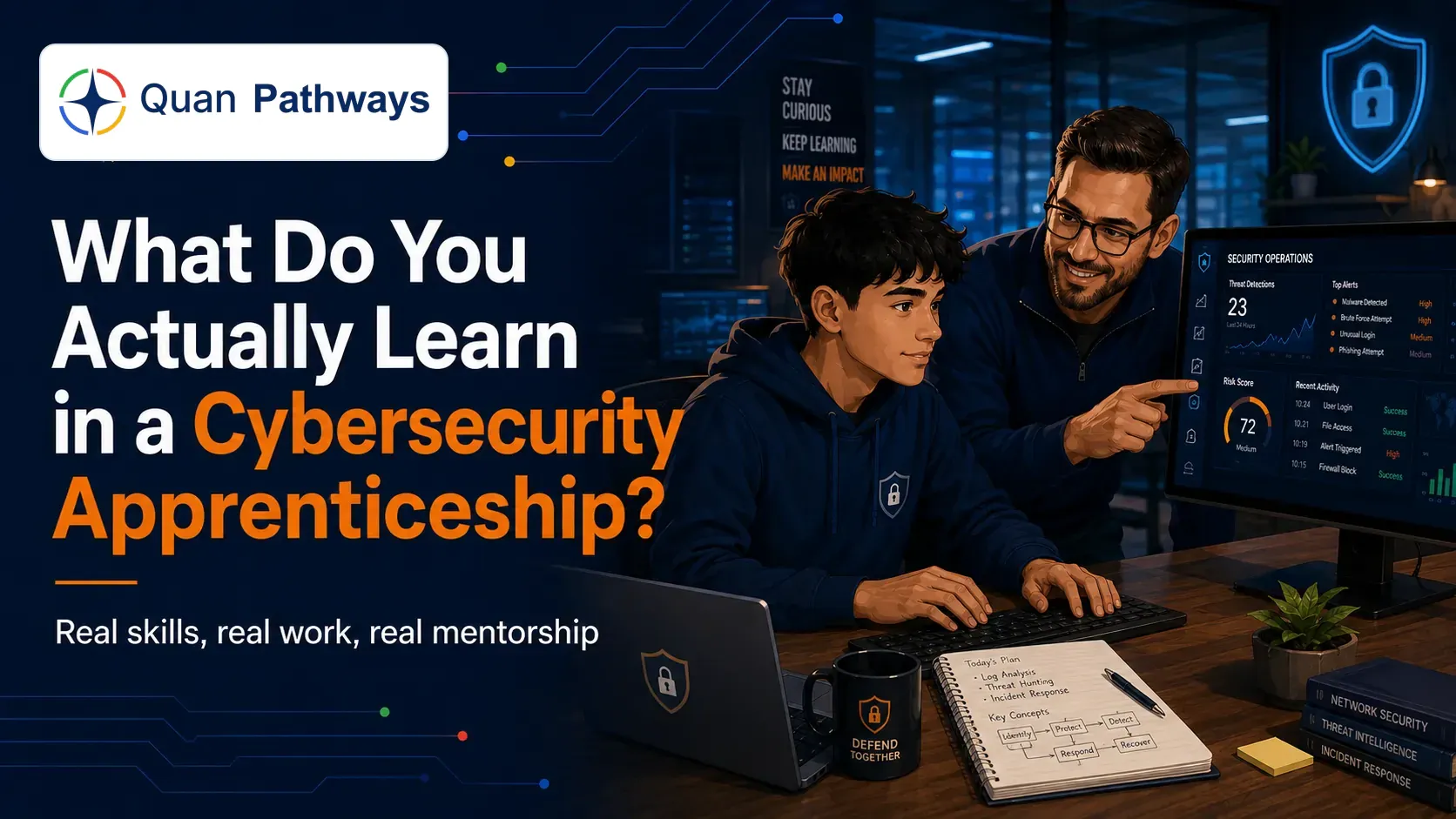 A cybersecurity apprentice reviewing security alerts with an experienced workplace mentor