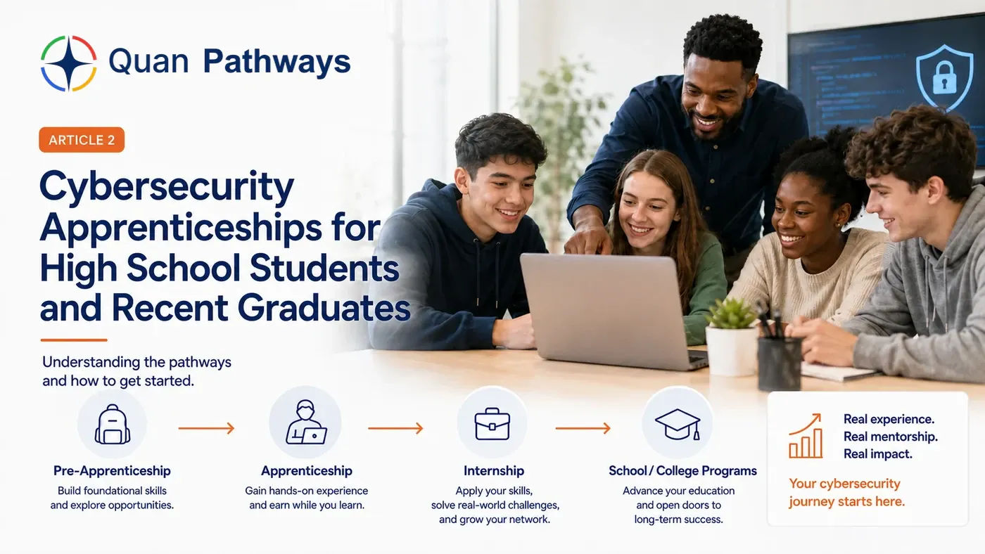 High school students learning cybersecurity with a mentor, alongside icons for pre-apprenticeship, apprenticeship, internship, and school programs