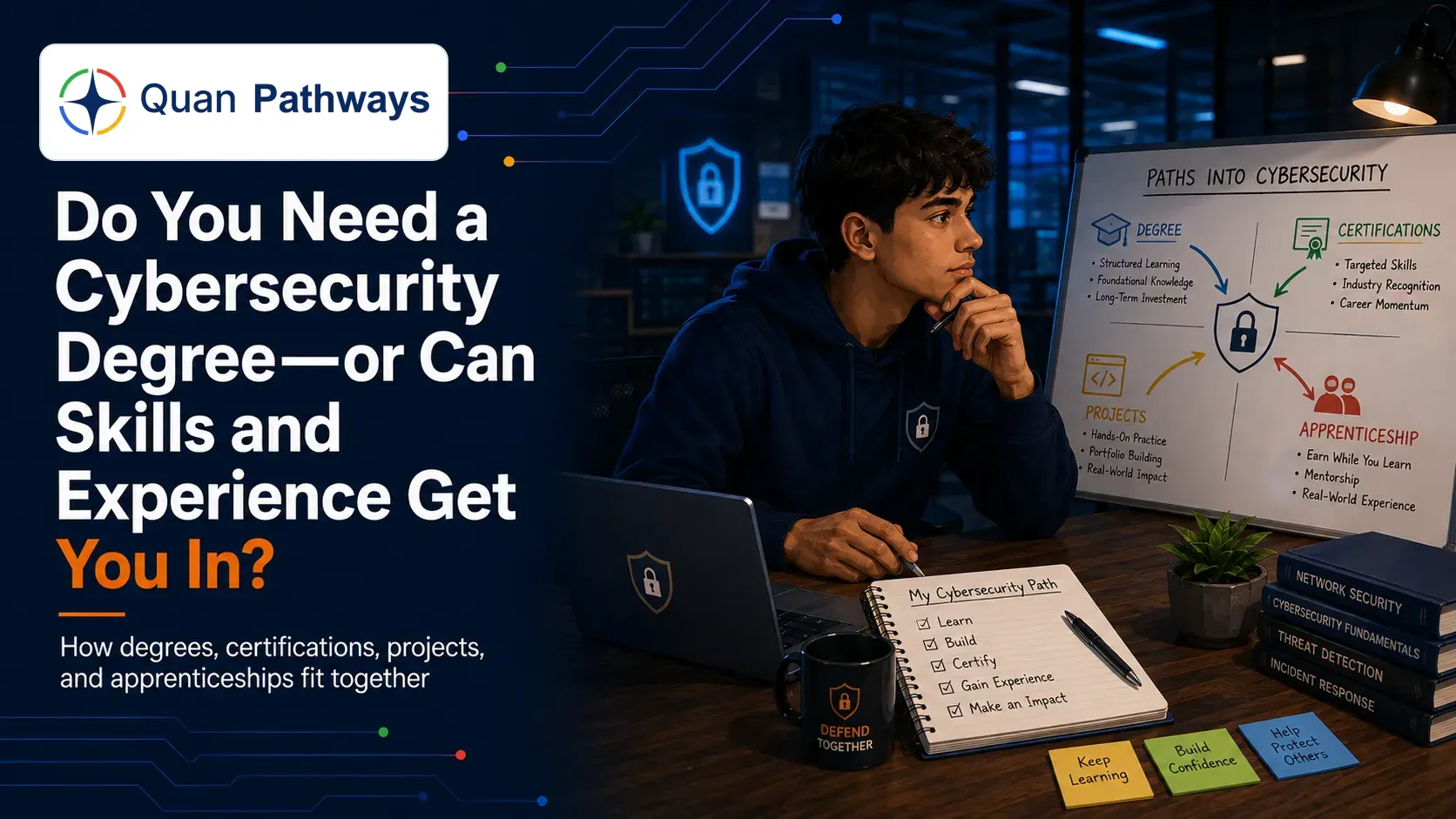 A student comparing degree, certification, project, and apprenticeship pathways into cybersecurity