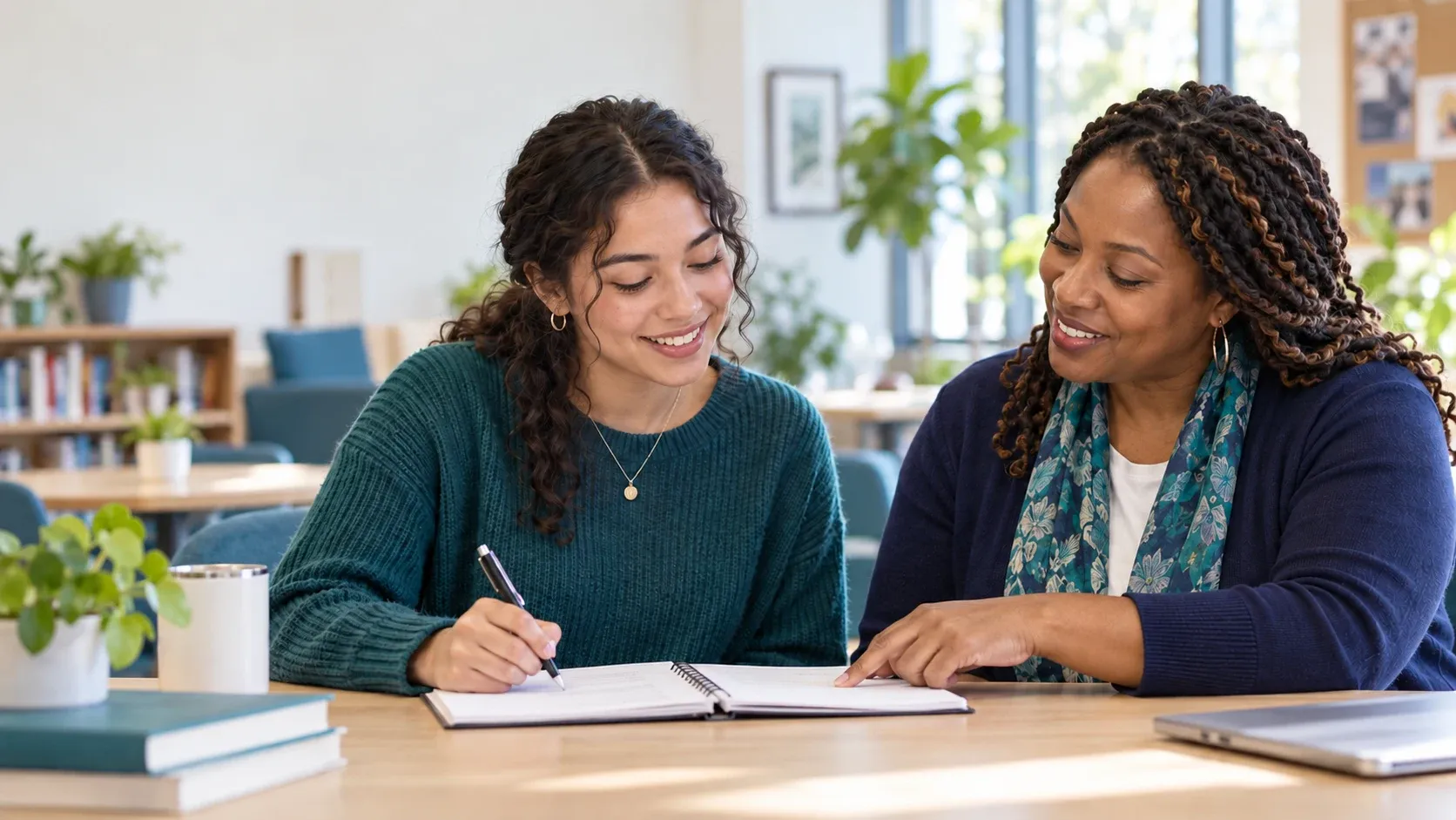 A young adult trainee reviews a notebook with a community-support mentor in a bright learning center