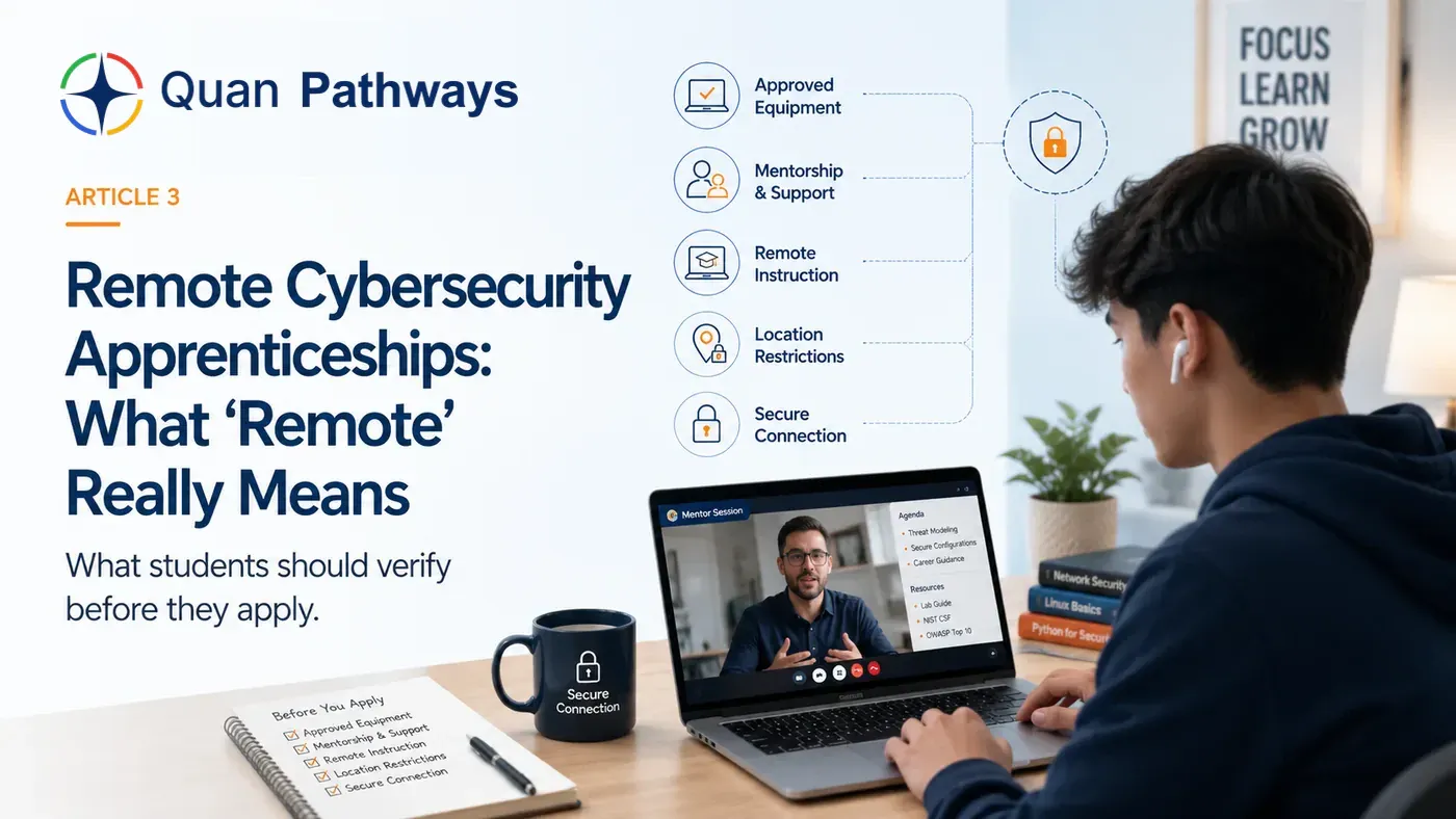 A cybersecurity apprentice in a remote mentor session with reminders to verify equipment, support, instruction, location restrictions, and secure access