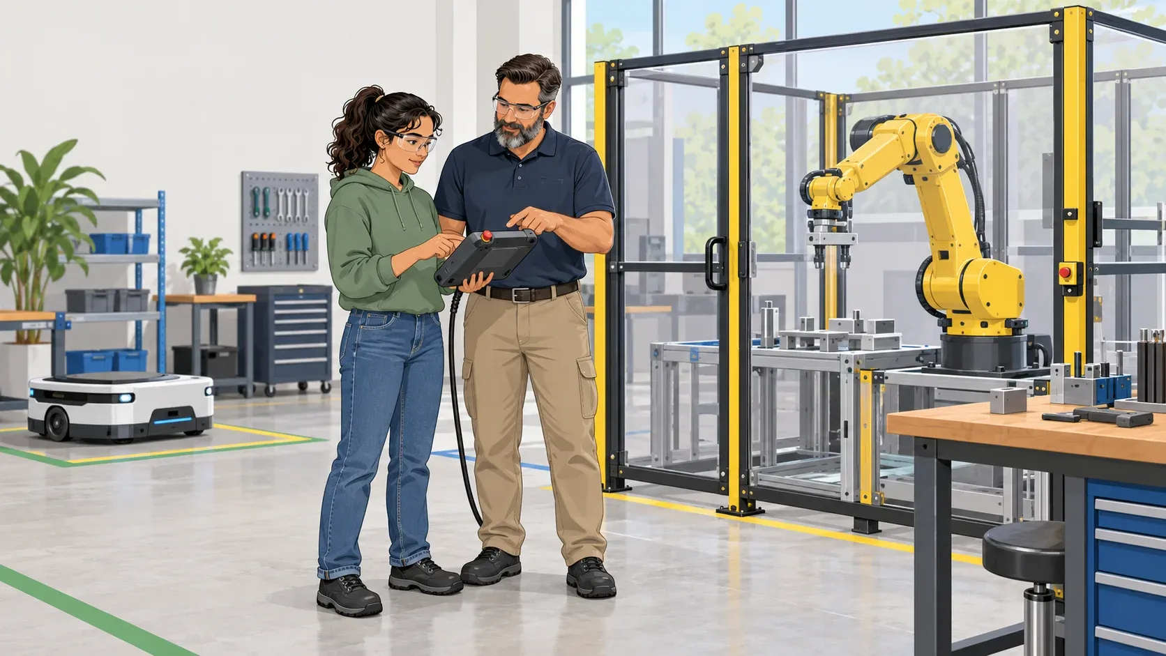 Two adults learning beside a guarded robot cell with a stationary robot arm and a parked mobile robot